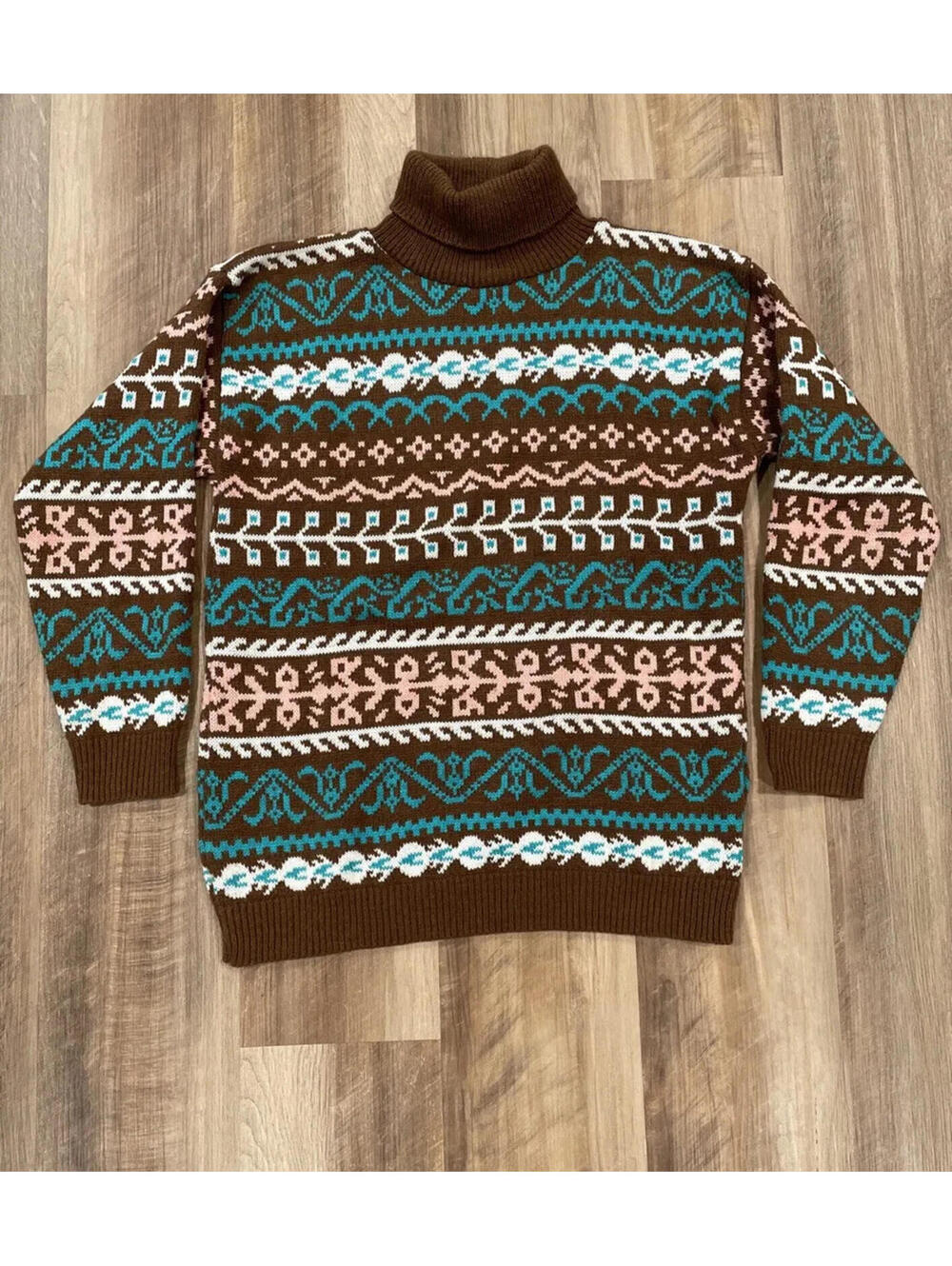 VTG 80s 90s Brown Pink & Blue Turtleneck Knit Sweater Cottagecore Made In USA
